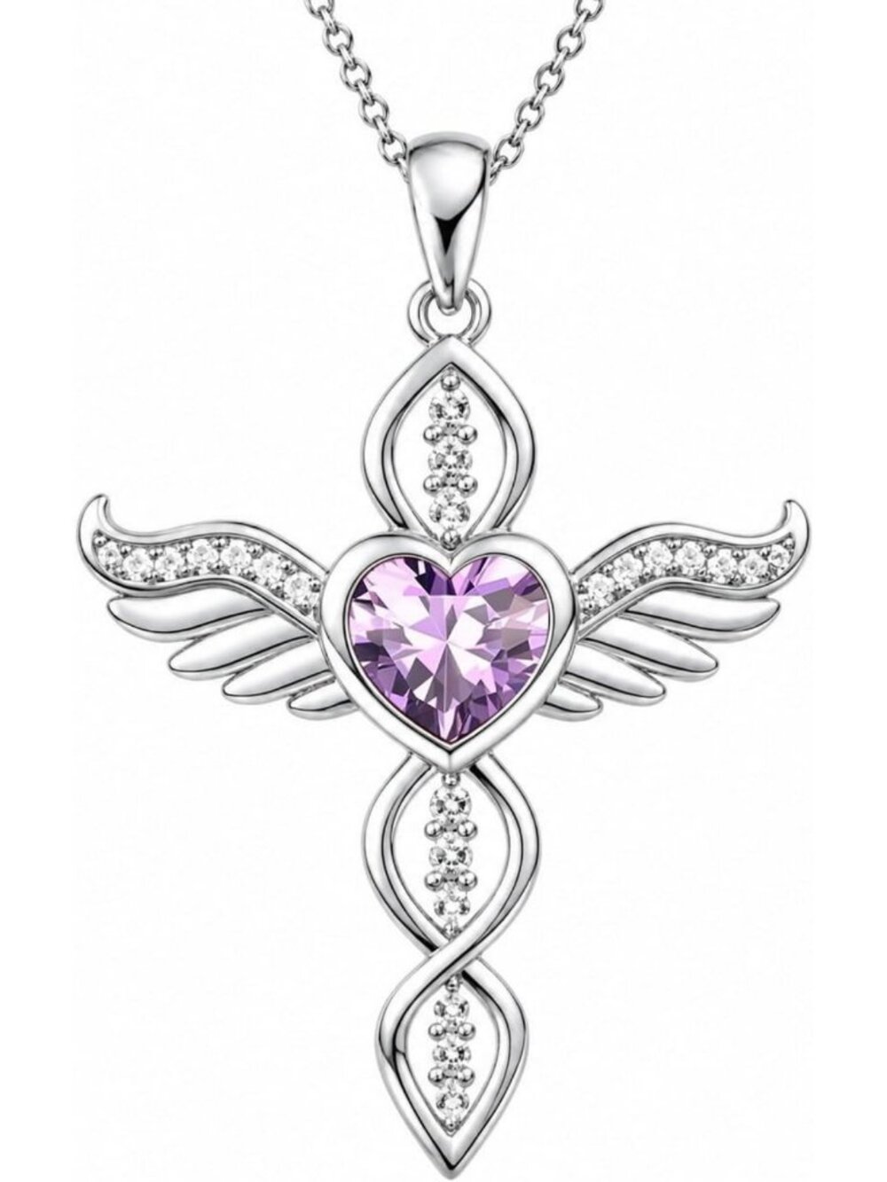 Angel Wing Cross Heart Birthstone Necklace - Perfect Birthday Jewelry Gift